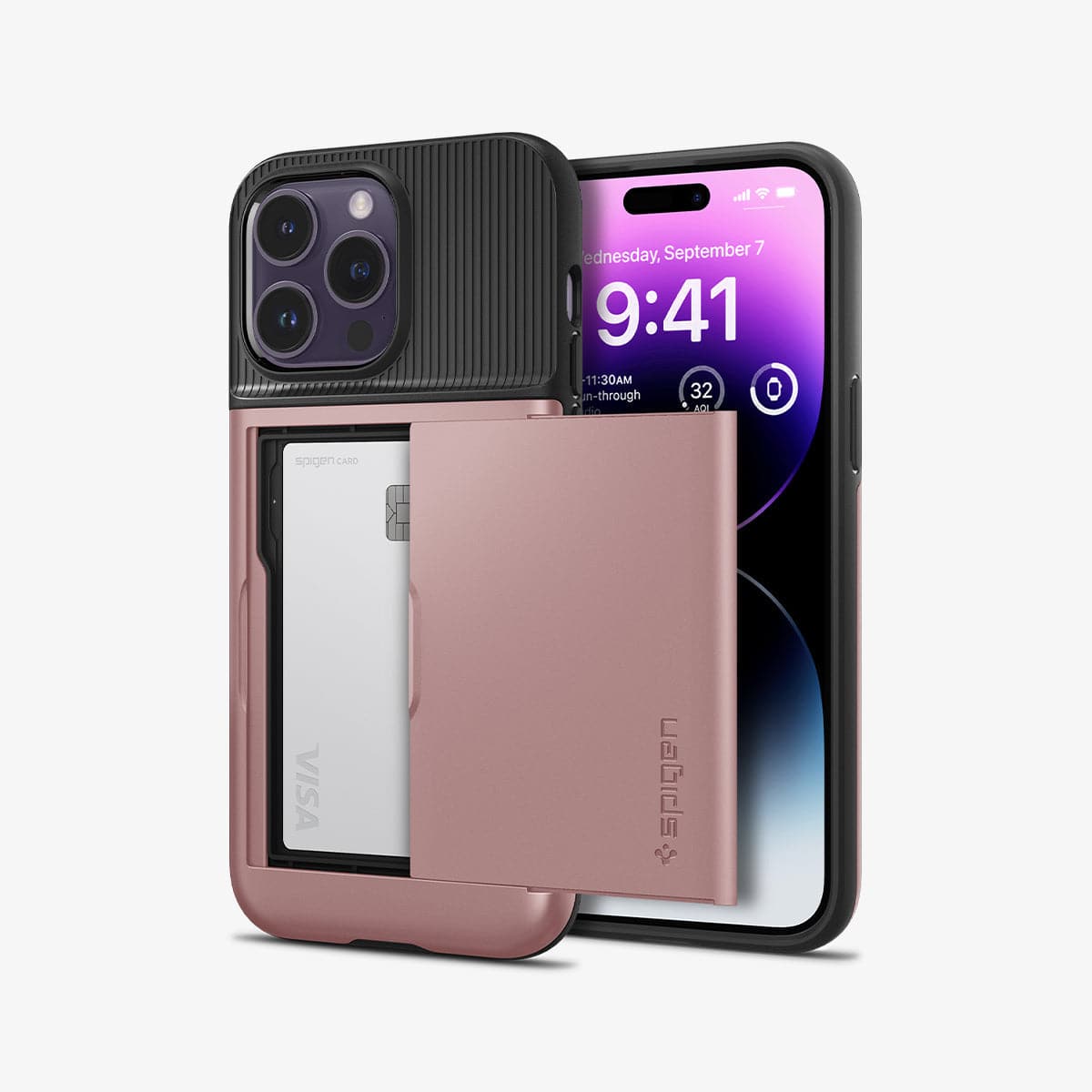 ACS04981 - iPhone 14 Pro Case Slim Armor CS in rose gold showing the back and front with card in slot