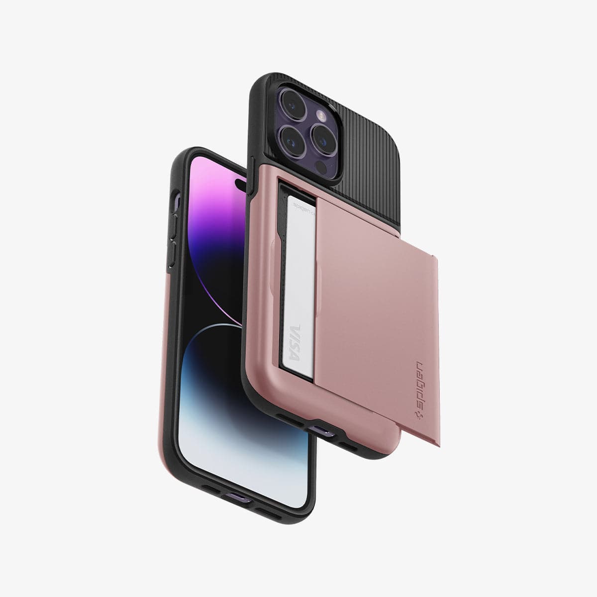 ACS04981 - iPhone 14 Pro Case Slim Armor CS in rose gold showing the back, bottom, sides and front with card in slot