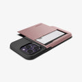 ACS04981 - iPhone 14 Pro Case Slim Armor CS in rose gold showing the back and side with card in slot and device laying flat