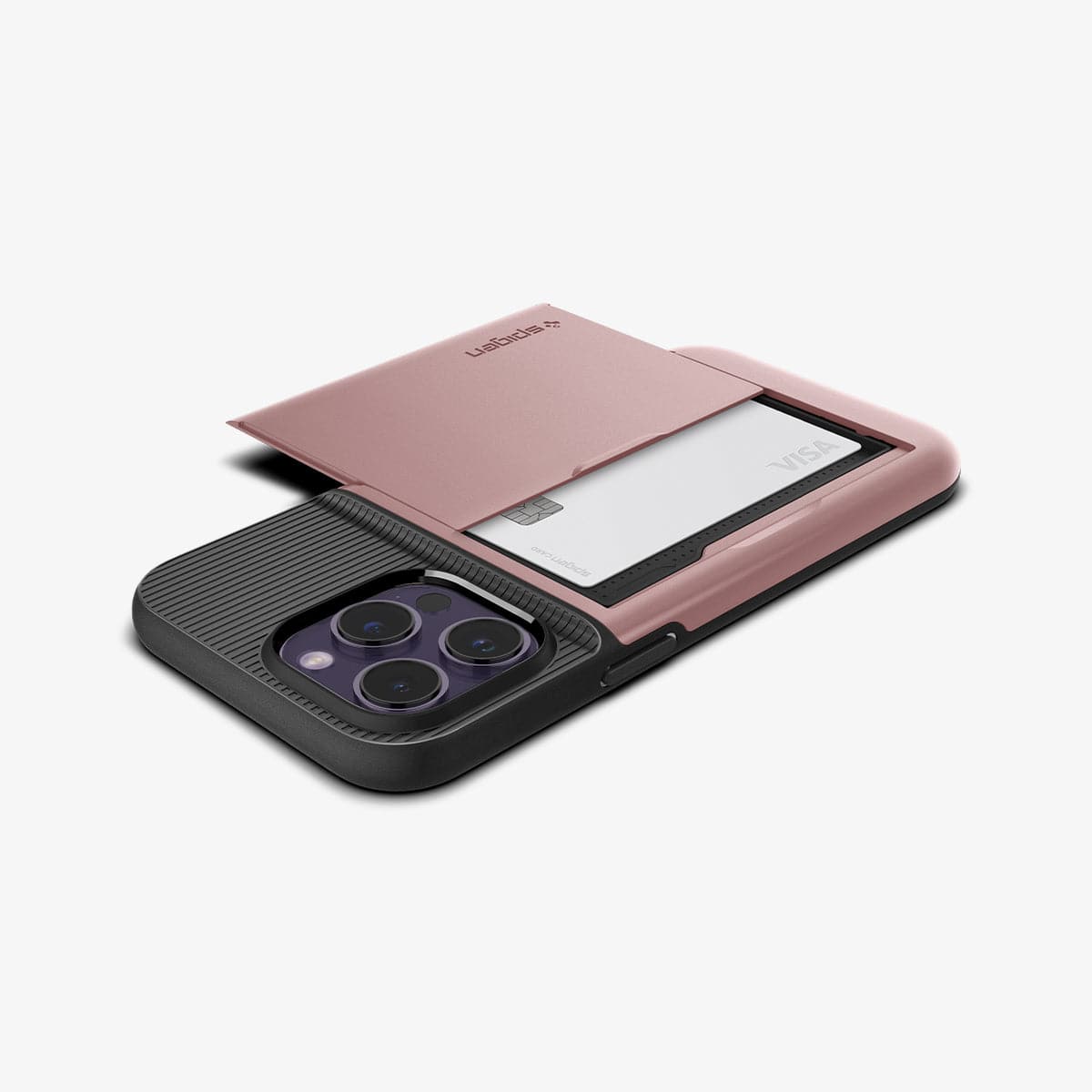 ACS04981 - iPhone 14 Pro Case Slim Armor CS in rose gold showing the back and side with card in slot and device laying flat