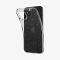 ACS06648 - iPhone 15 Plus Case Liquid Crystal Glitter in crystal quartz showing the back with case bending away from device to show the flexibility