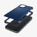 ACS06640 - iPhone 15 Plus Case Thin Fit in navy blue showing the multiple layers of case hovering above the device