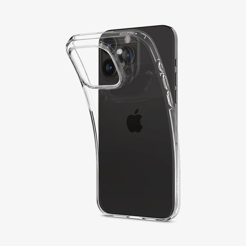 ACS06557 - iPhone 15 Pro Max Case Liquid Crystal in crystal clear showing the back with case bending away from device to show the flexibility