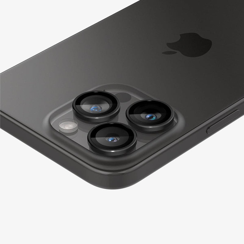 AGL05205 - iPhone 16 Pro / 16 Pro Max Optik Pro Lens Protector in black showing the back, top and side zoomed in on camera lens