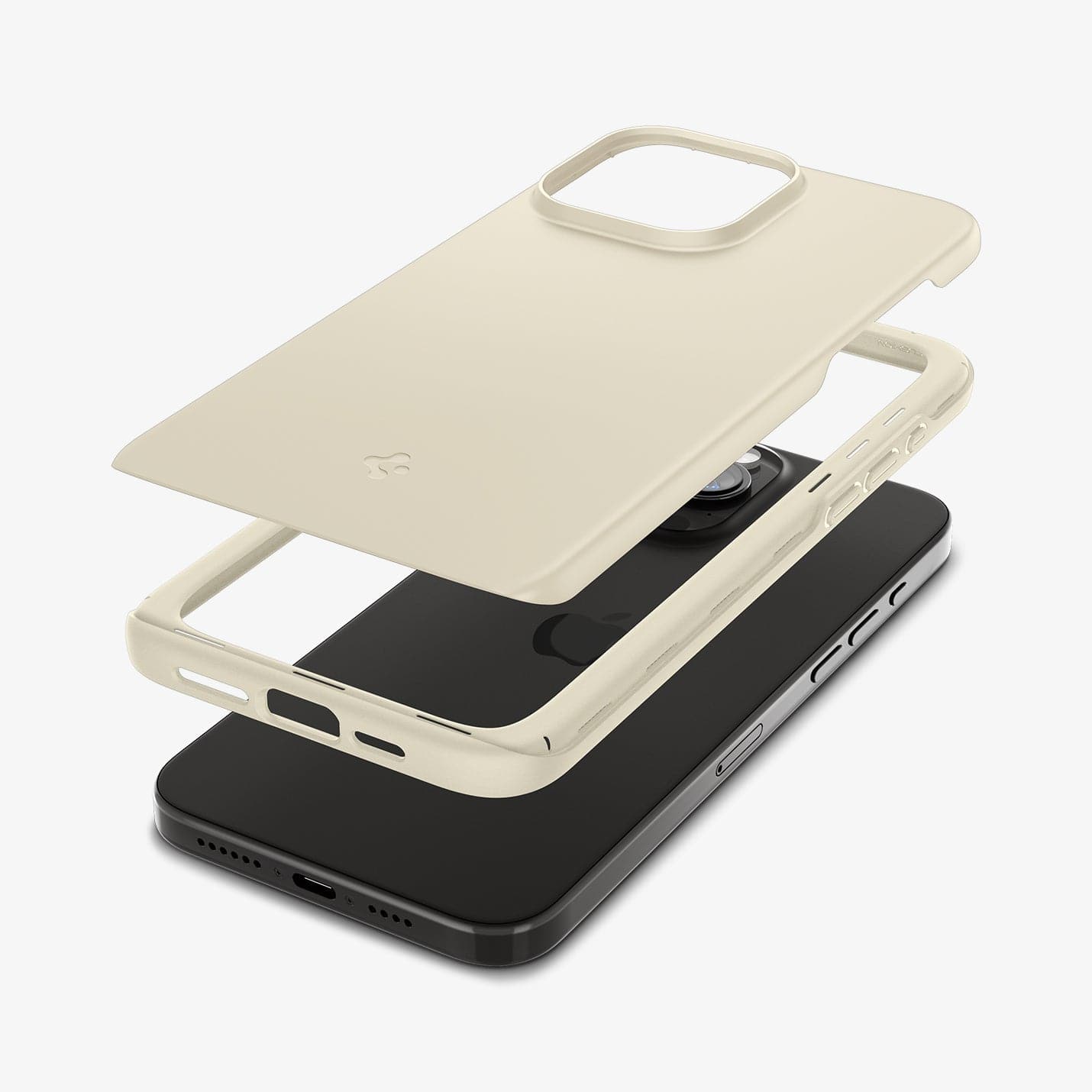 ACS06551 - iPhone 15 Pro Max Case Thin Fit in mute beige showing the multiple layers of case hovering above the device