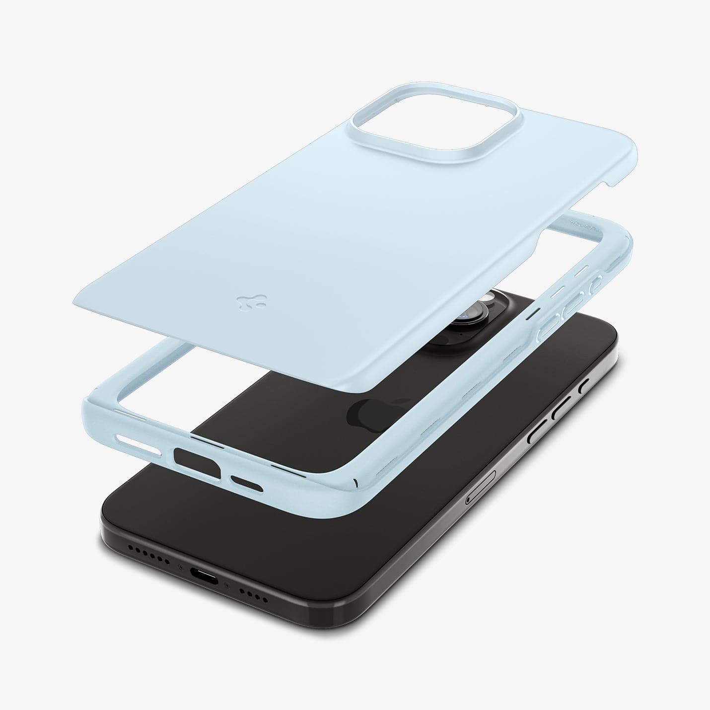 ACS06550 - iPhone 15 Pro Max Case Thin Fit in mute blue showing the multiple layers of case hovering above the device