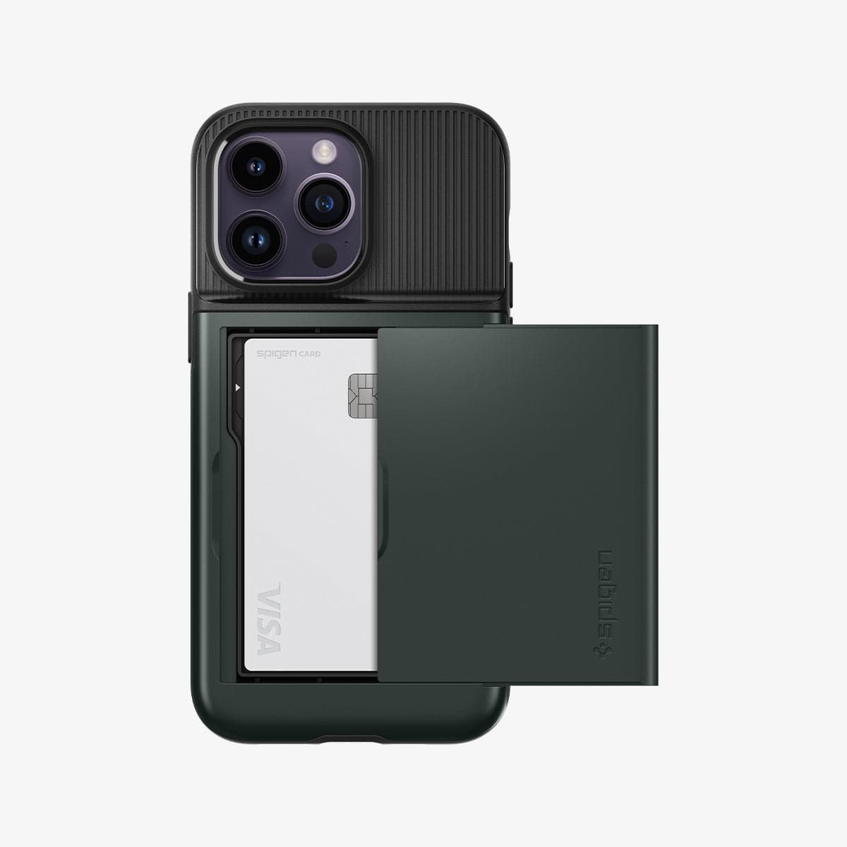 ACS04837 - iPhone 14 Pro Max Case Slim Armor CS in abyss green showing the back with card slot open and card in slot