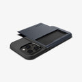 ACS04838 - iPhone 14 Pro Max Case Slim Armor CS in metal slate showing the back and side with card slot open and device laying flat