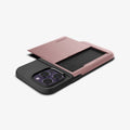 ACS04836 - iPhone 14 Pro Max Case Slim Armor CS in rose gold showing the back and side with card slot open and device laying flat