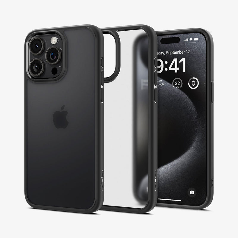 ACS06568  - iPhone 15 Pro Max Case Ultra Hybrid in frost black showing the back and front