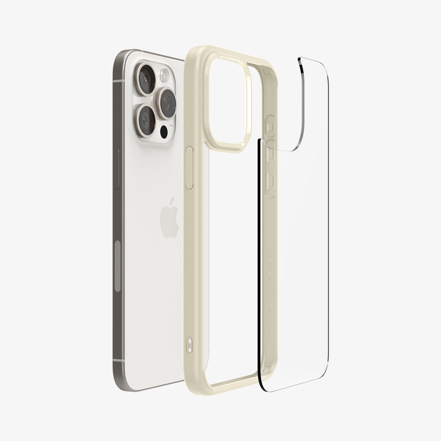 ACS06571 - iPhone 15 Pro Max Case Ultra Hybrid in mute beige showing the back with multiple layers of case hovering away from device