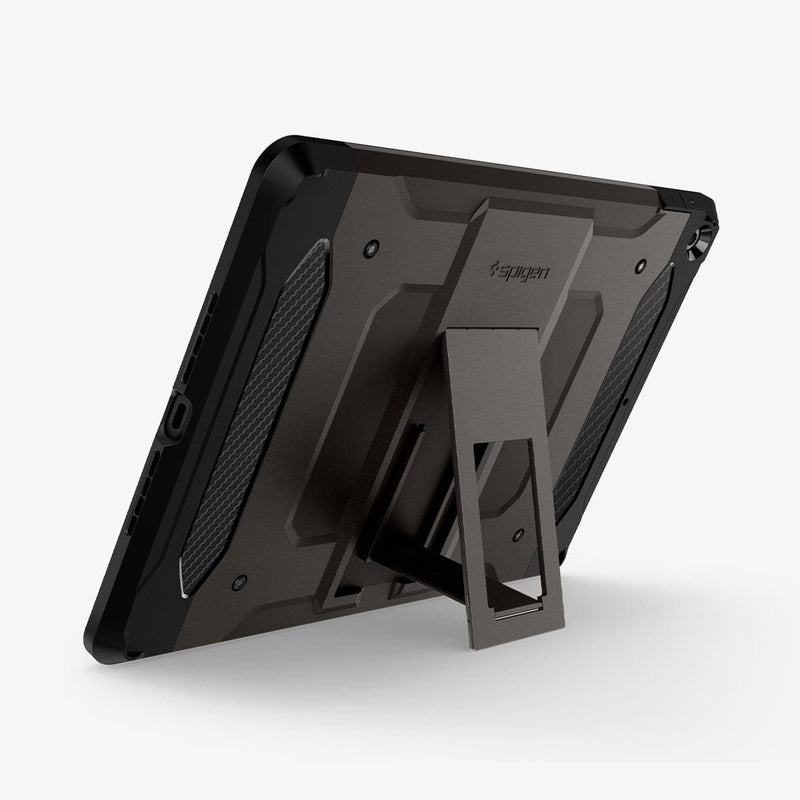 ACS00378 - iPad 10.2" Case Tough Armor Tech in gunmetal showing the back with device propped up by built in kickstand
