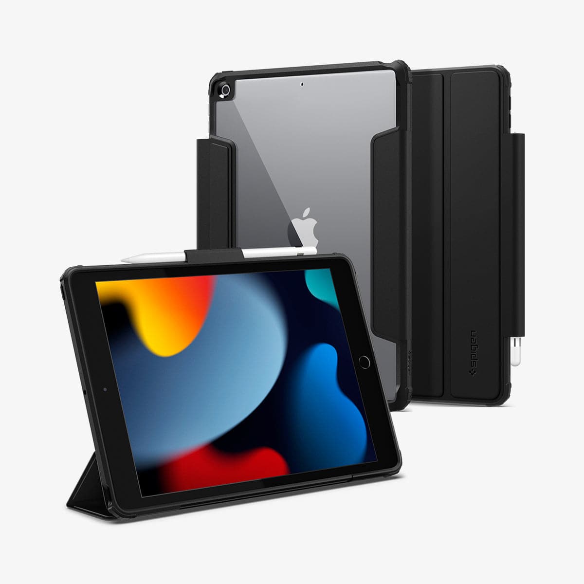 ACS03906 - iPad 10.2" Case Ultra Hybrid Pro in black showing the back, front and device propped up by built in kickstand