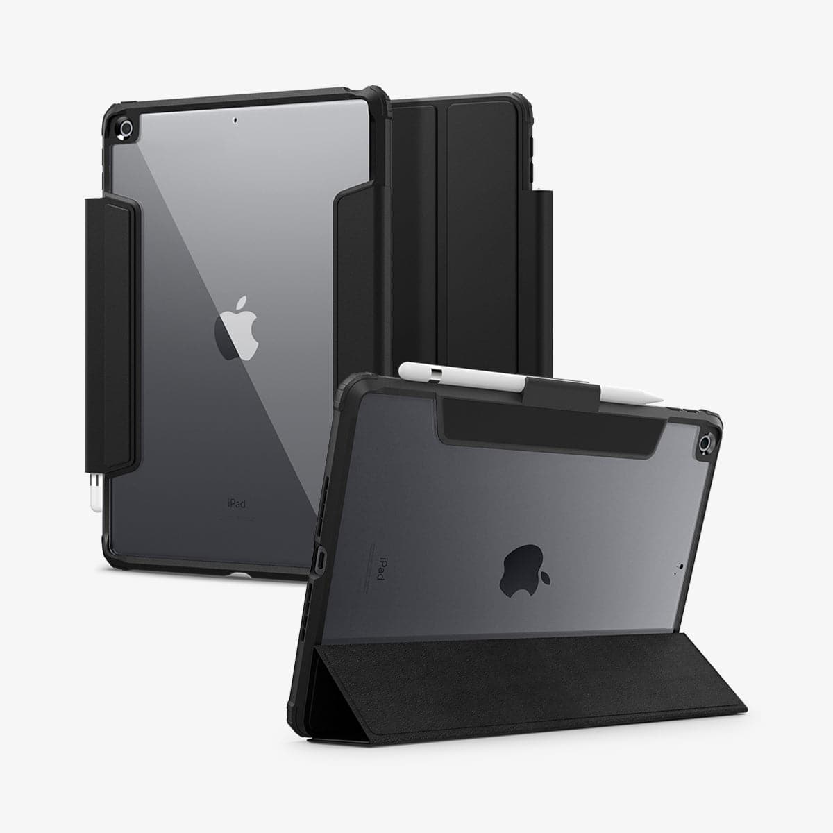 ACS03906 - iPad 10.2" Case Ultra Hybrid Pro in black showing the back, front and device propped up by built in kickstand