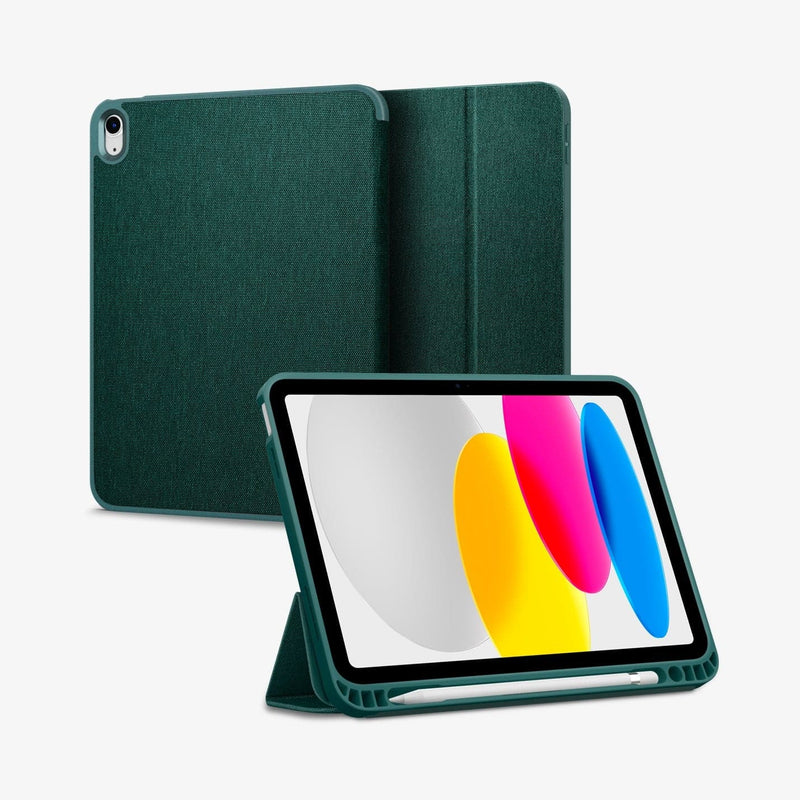 ACS05308 - iPad 10.9" Case Urban Fit in midnight green showing the back, front and device propped up by built in kickstand