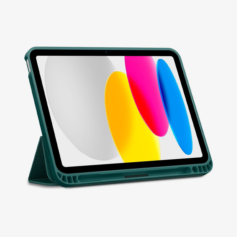 ACS05308 - iPad 10.9" Case Urban Fit in midnight green showing the front with device propped up by built in kickstand