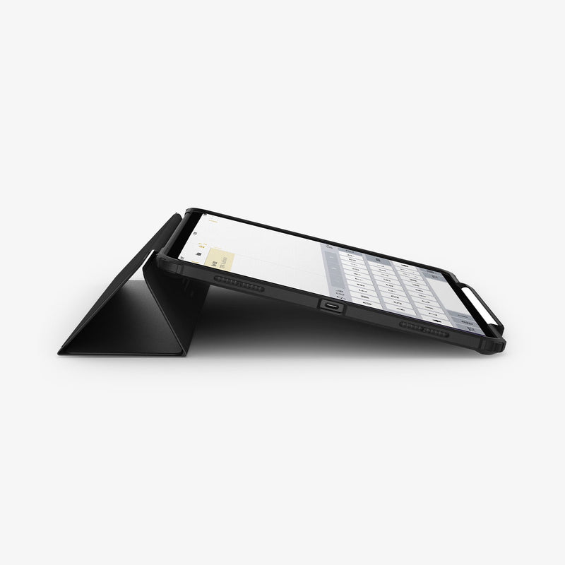 ACS07668 - iPad Air 12.9-inch Case Ultra Hybrid Pro in Black showing the bottom and partial front with device propped up by built in kickstand with s-pen attached