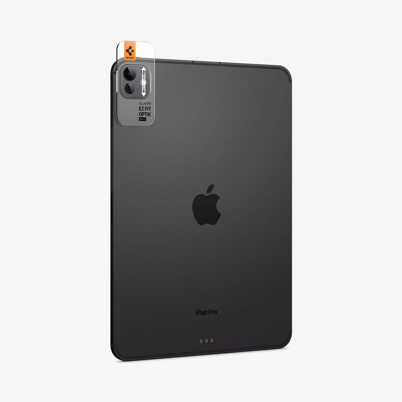 AGL07791 - iPad Pro 13-inch (2024) Optik Pro EZ Fit Lens Protector in Space Black showing the back, installation tray attached to the device