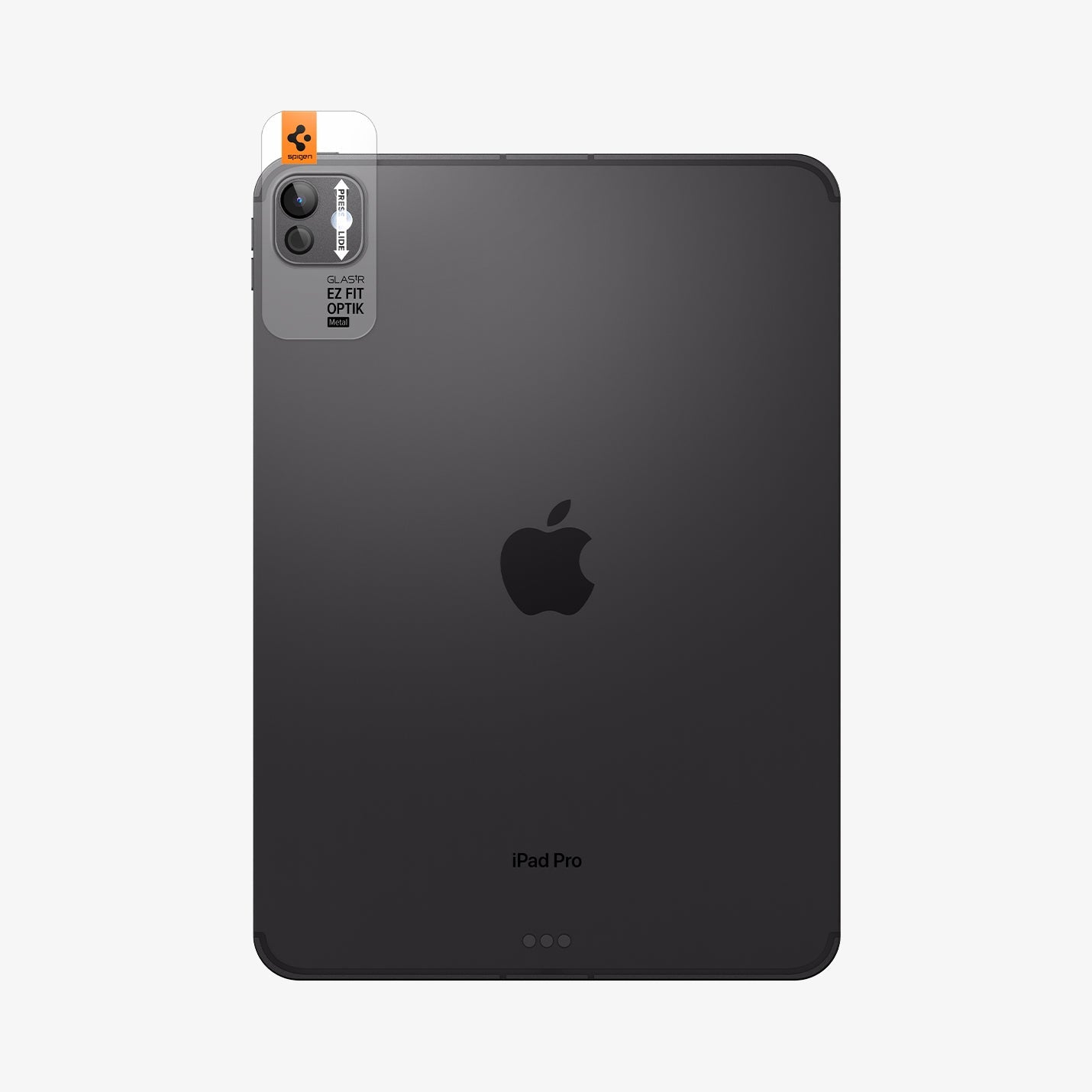 AGL07791 - iPad Pro 13-inch (2024) Optik Pro EZ Fit Lens Protector in Space Black showing the back, installation tray with lens attached to the device
