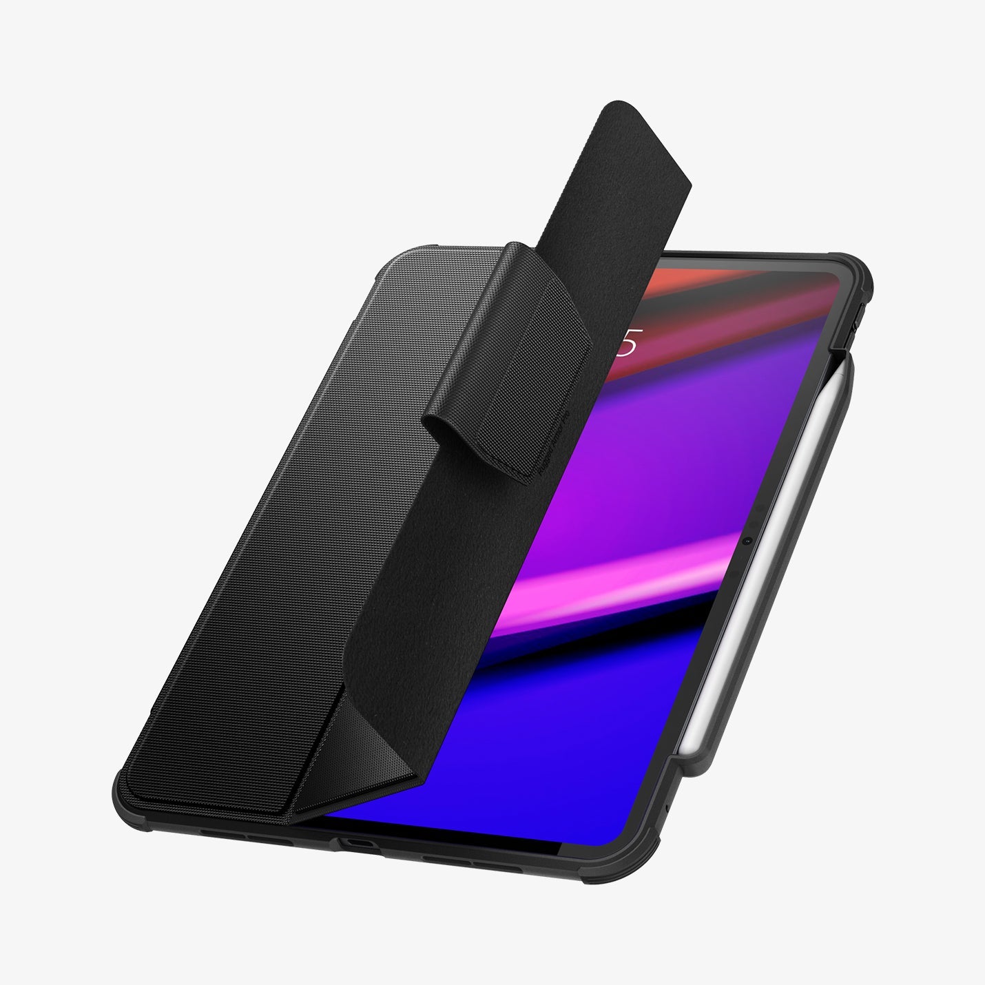 ACS07017 - iPad Pro 11-inch Case Rugged Armor Pro in Black showing the front cover partially lifted showing partial front of the device without s-pen
