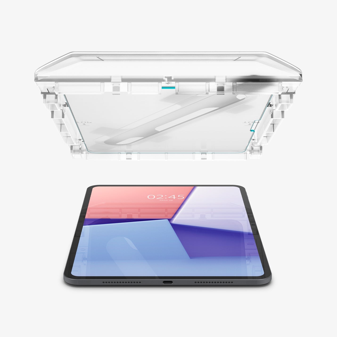 AGL07788 - iPad Pro 11-inch GLAS.tR EZ FIT in Clear showing the alignment tray with screen protector hovering above the device in portrait position