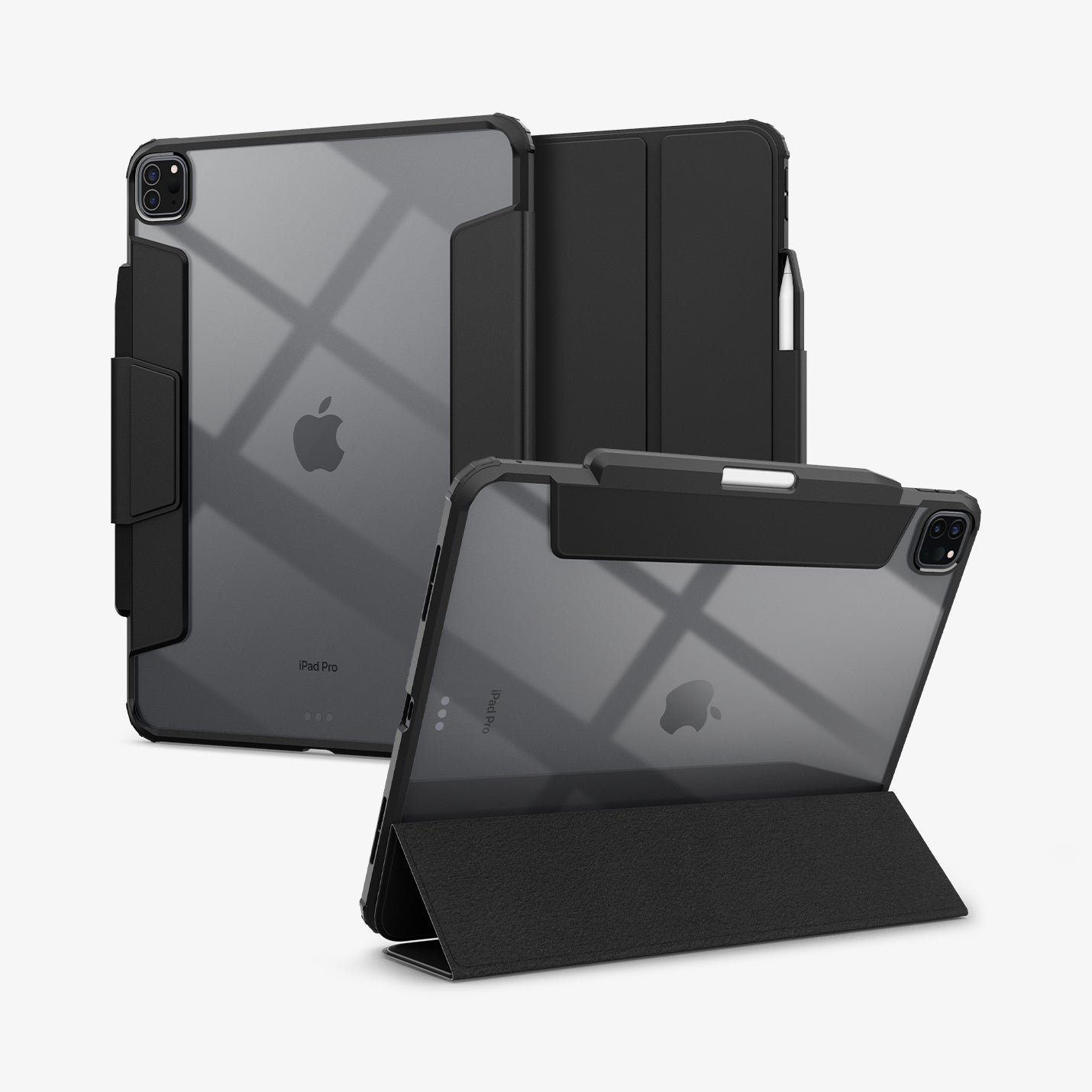 ACS07006 - iPad Pro 12.9-inch Case Ultra Hybrid Pro in Black showing the back with a folded front cover propped up as a stand, behind it, a device showing back and partial front