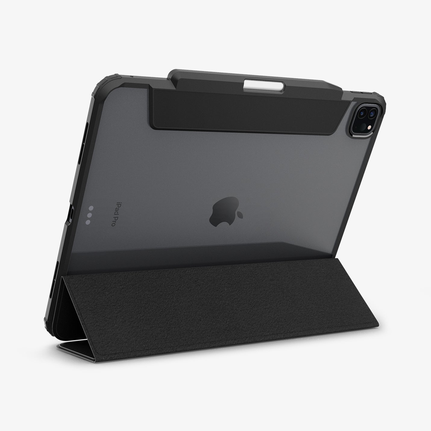 ACS07006 - iPad Pro 12.9-inch Case Ultra Hybrid Pro in Black showing the back, with front cover folded, propped up behind to serve as a stand with a stylus pen