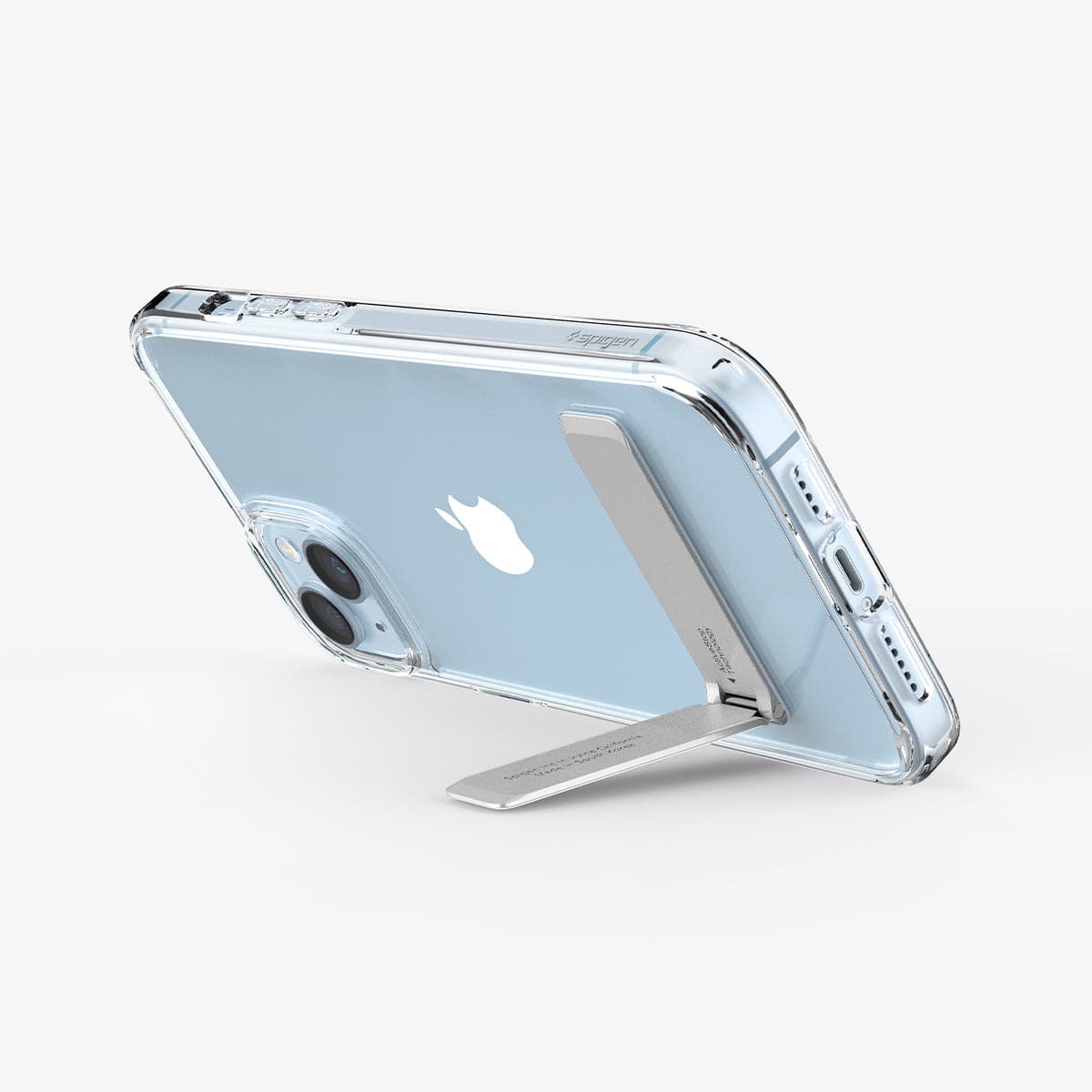 ACS05051 - iPhone 14 Case Ultra Hybrid S in crystal clear showing the back with device propped up horizontally by built in kickstand