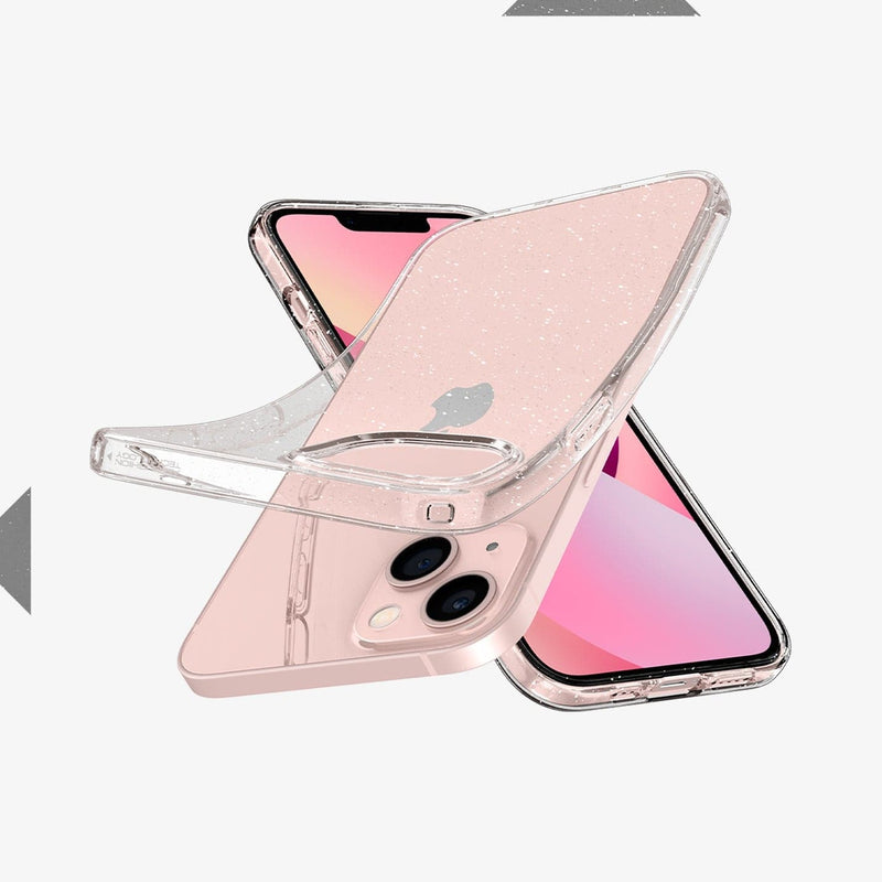 ACS03312 - iPhone 13 Mini Case Liquid Crystal Glitter in crystal quartz showing the flexible back, front and sides