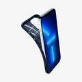 ACS03202 - iPhone 13 Pro Max Case Liquid Air in navy blue showing the inside and side with back bent away from device to show flexibility