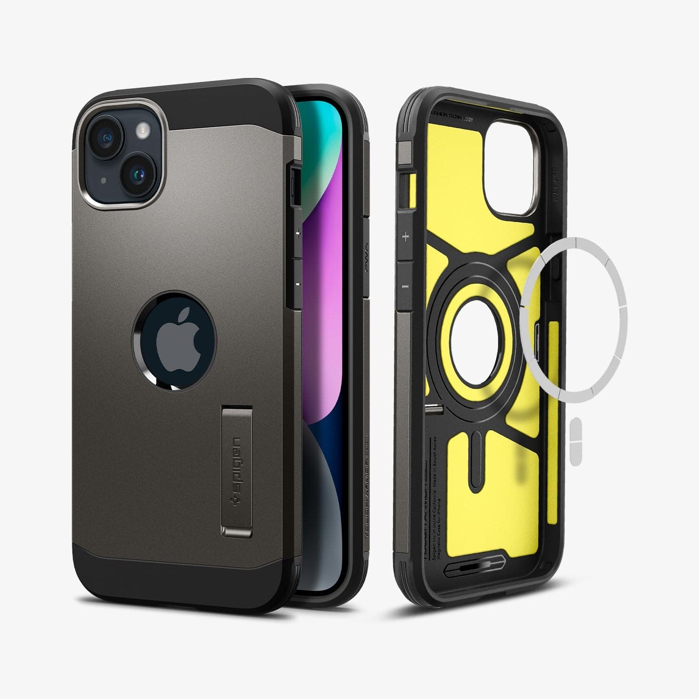 ACS04914 - iPhone 14 Plus Case Tough Armor (MagFit) in gunmetal showing the back, front and magsafe layer of back
