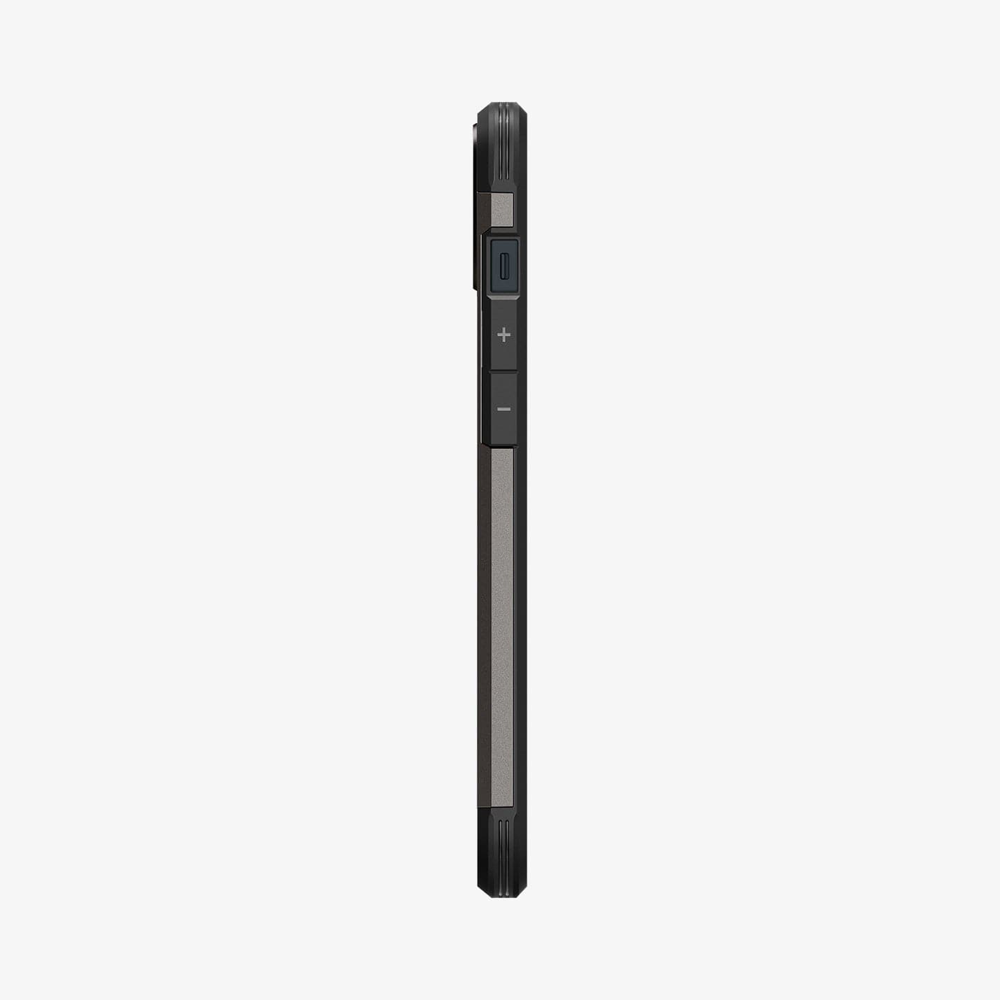 ACS04914 - iPhone 14 Plus Case Tough Armor (MagFit) in gunmetal showing the side with volume controls