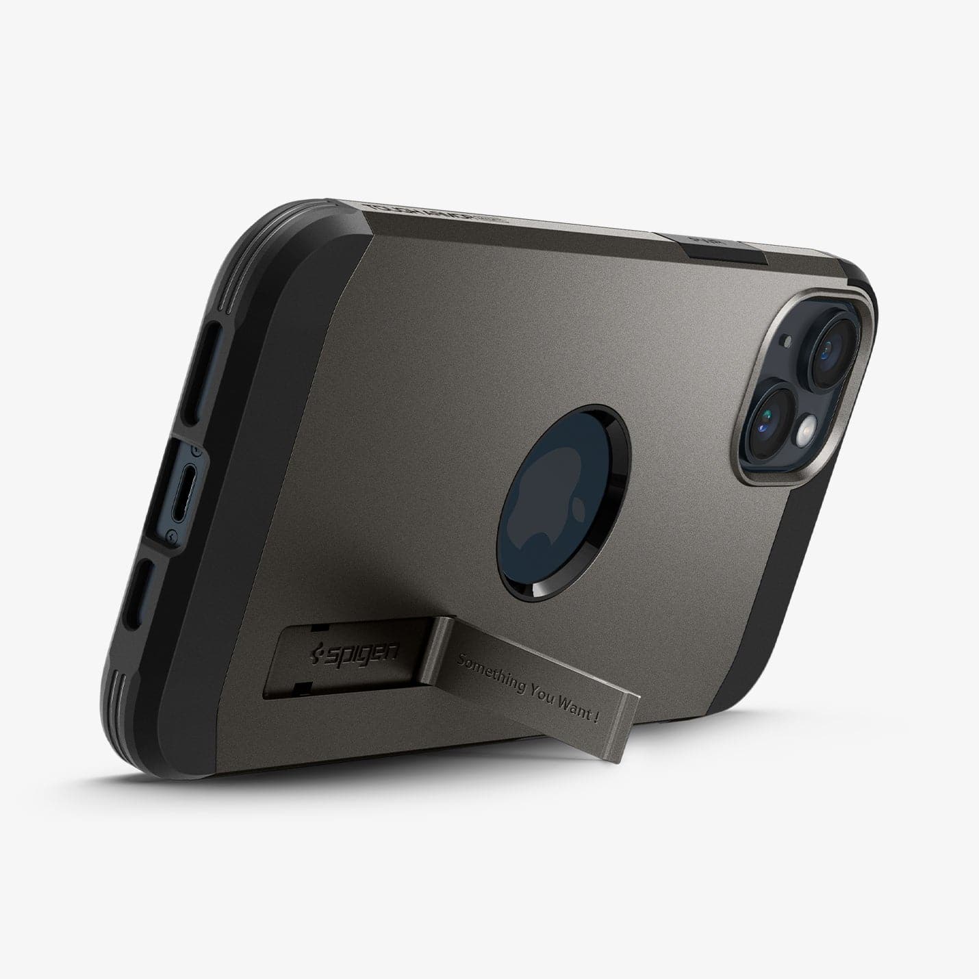 ACS04914 - iPhone 14 Plus Case Tough Armor (MagFit) in gunmetal showing the device being propped up horizontally by built in kickstand