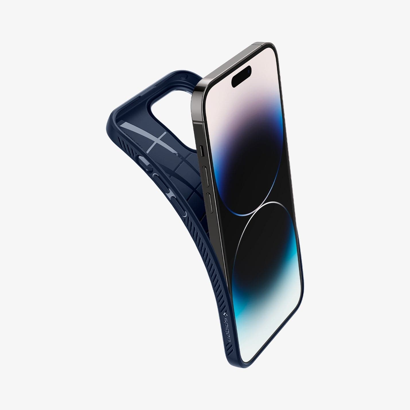 ACS04814 - iPhone 14 Pro Max Case Liquid Air in navy blue showing the back bending slightly away from device to show the flexibility