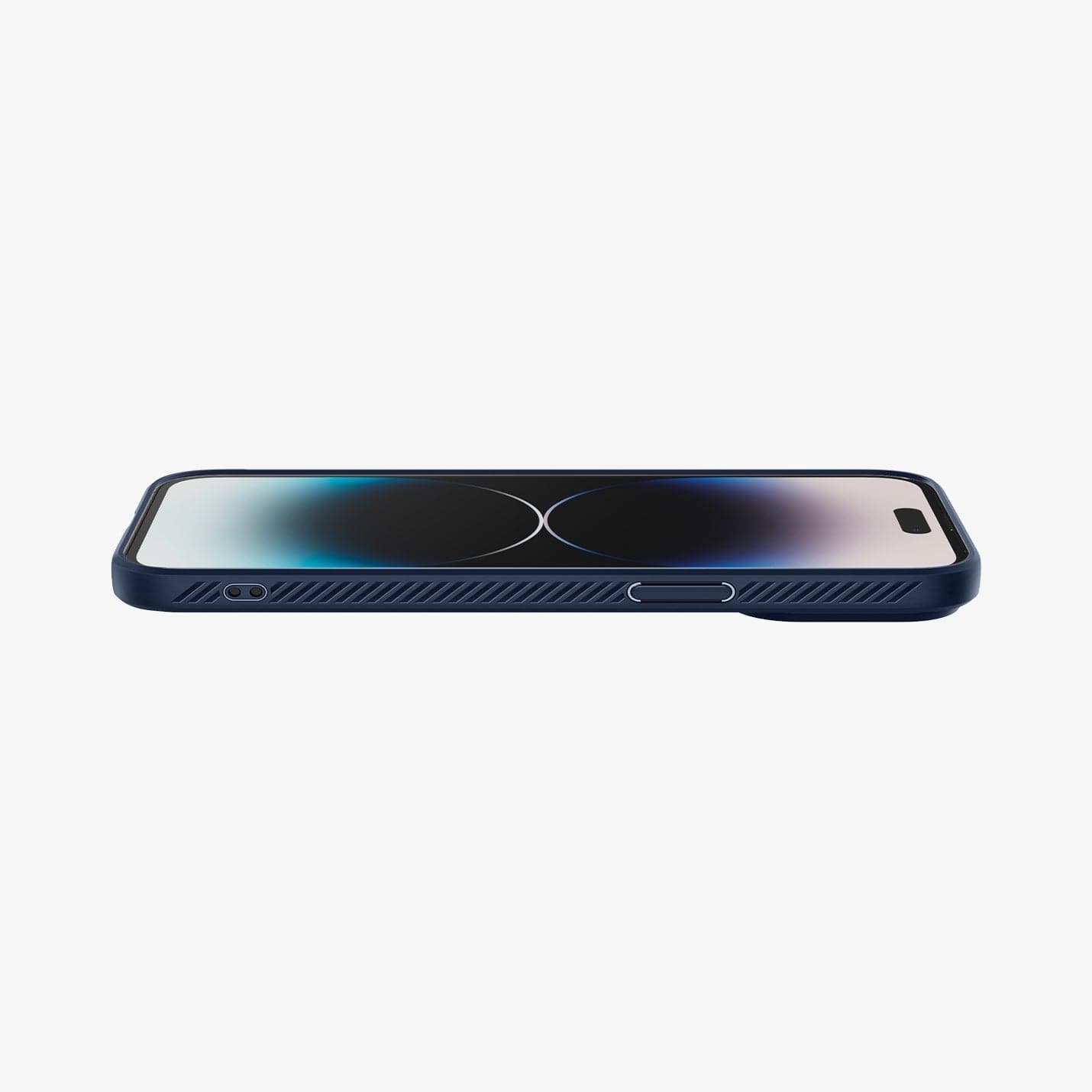 ACS04814 - iPhone 14 Pro Max Case Liquid Air in navy blue showing the front and side with device laying flat