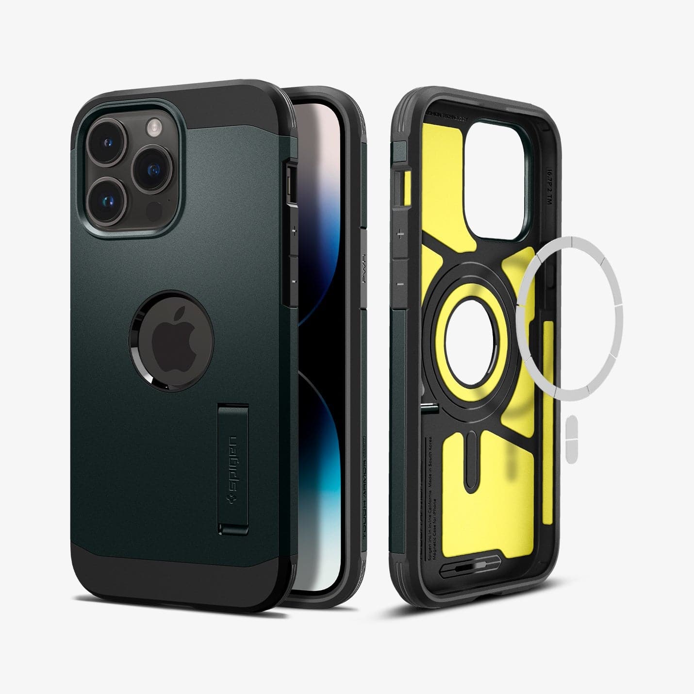 ACS04988 - iPhone 14 Pro Case Tough Armor (MagFit) in abyss green showing the back, front and magsafe layer of back