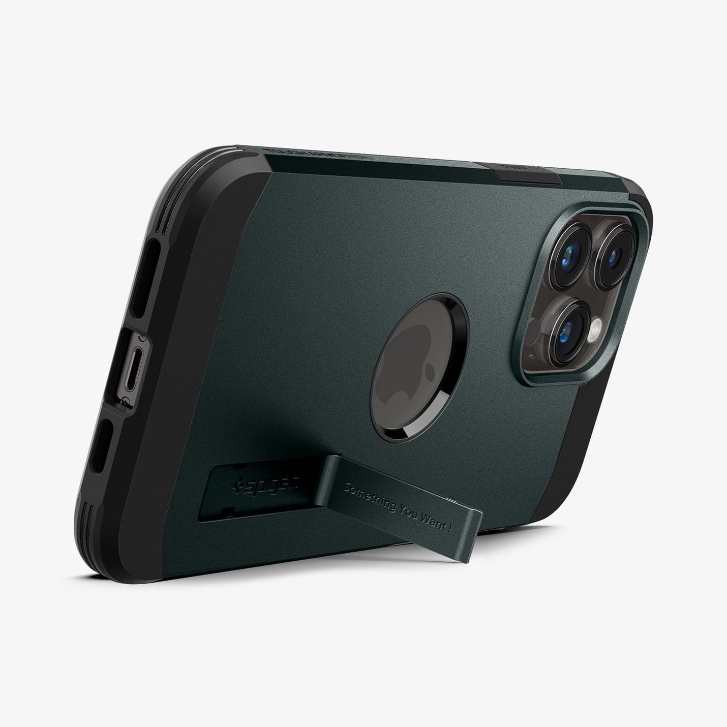 ACS04988 - iPhone 14 Pro Case Tough Armor (MagFit) in abyss green showing the device being propped up horizontally by built in kickstand