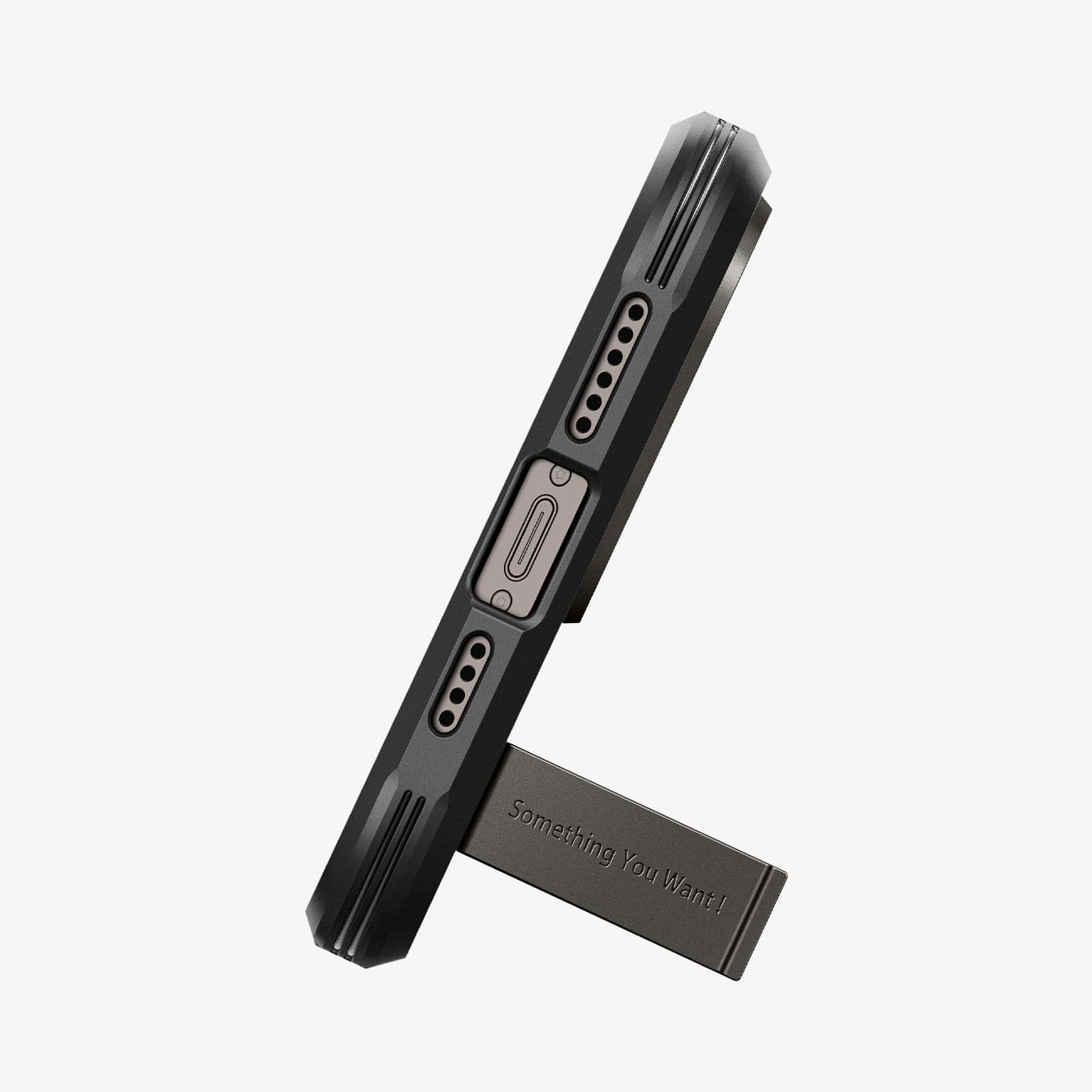 ACS04984 - iPhone 14 Pro Case Tough Armor (MagFit) in gunmetal showing the bottom of device being propped up horizontally by built in kickstand