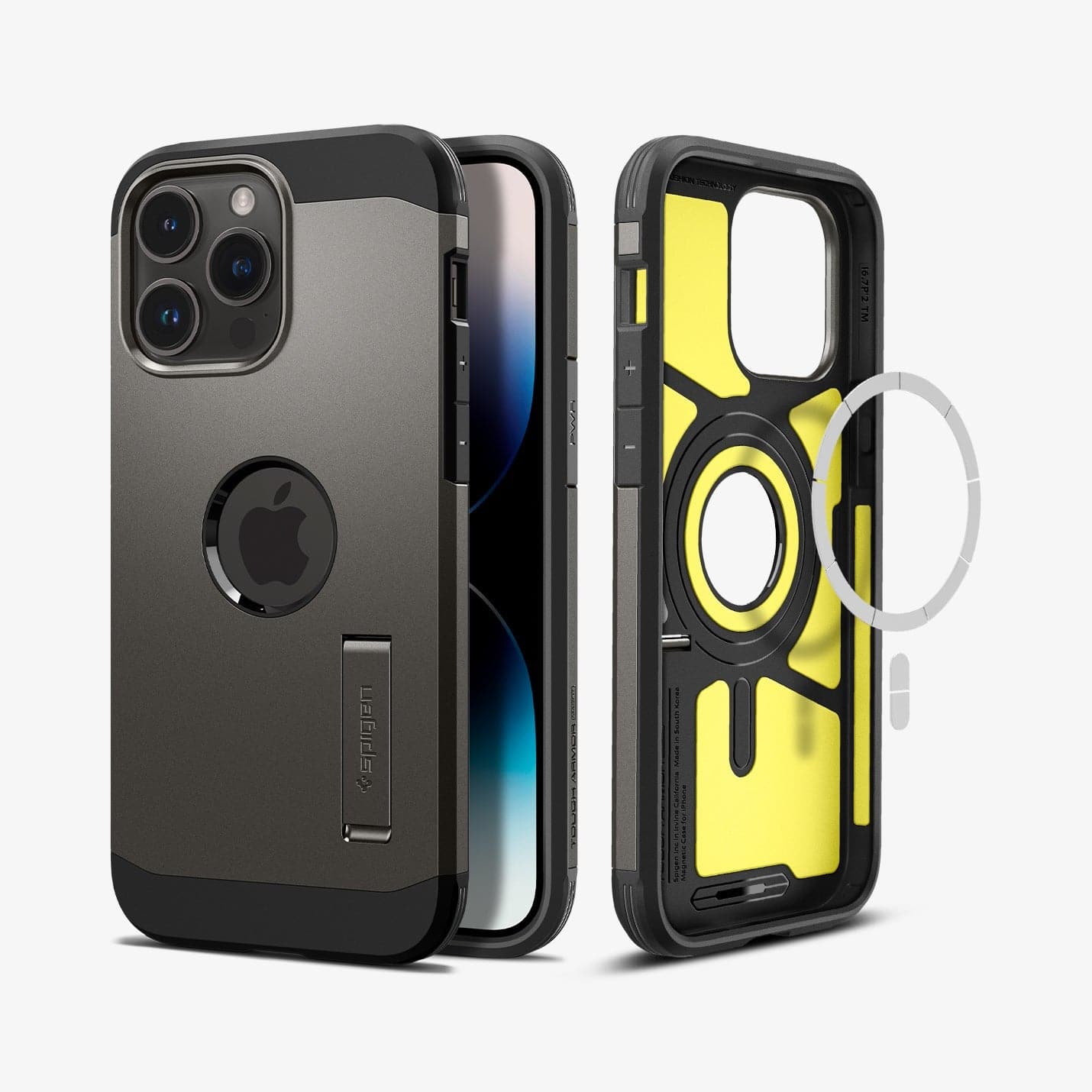 ACS04984 - iPhone 14 Pro Case Tough Armor (MagFit) in gunmetal showing the back, front and magsafe layer of back