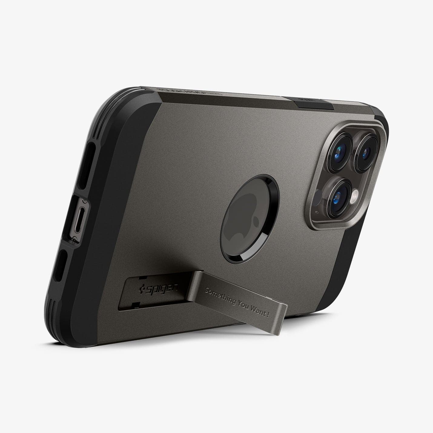 ACS04984 - iPhone 14 Pro Case Tough Armor (MagFit) in gunmetal showing the device being propped up horizontally by built in kickstand