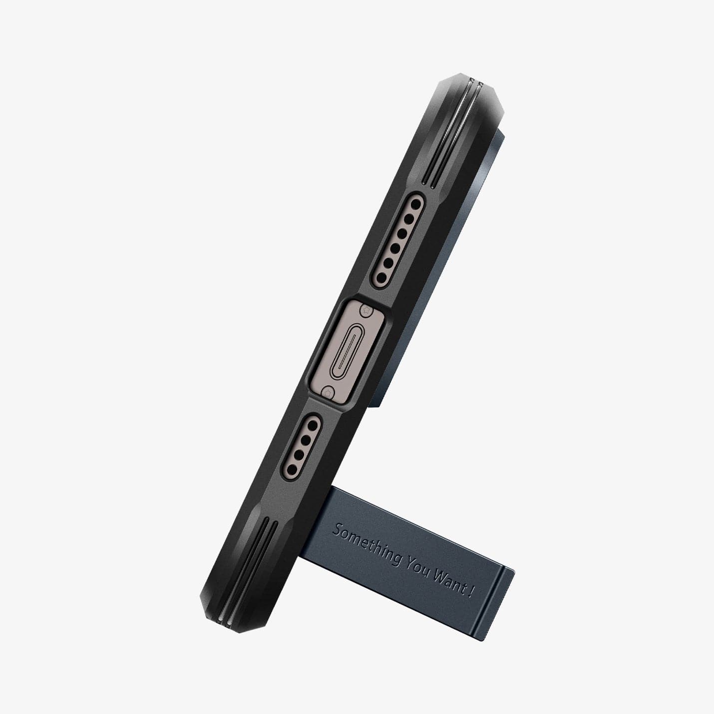 ACS04987 - iPhone 14 Pro Case Tough Armor (MagFit) in metal slate showing the bottom of device being propped up horizontally by built in kickstand