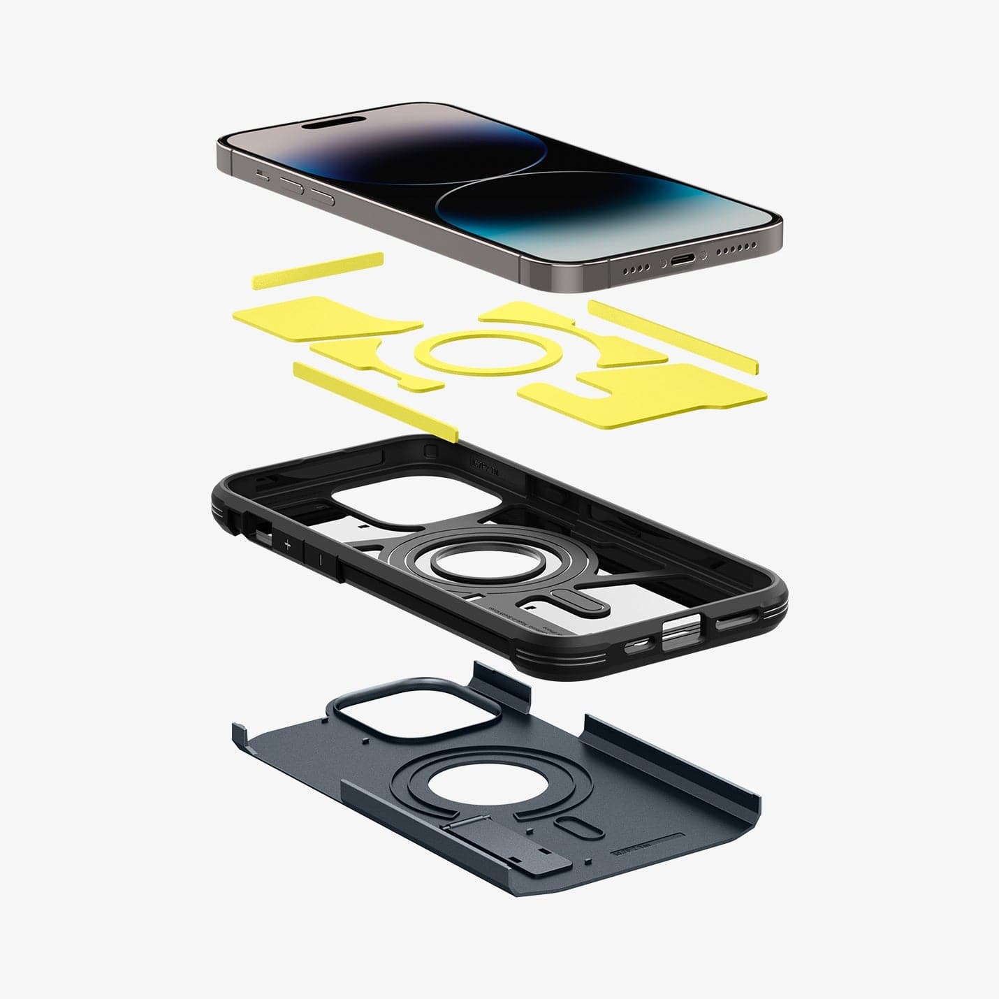 ACS04987 - iPhone 14 Pro Case Tough Armor (MagFit) in metal slate showing the hard pc, flexible tpu, impact foam and device
