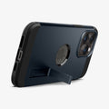 ACS04987 - iPhone 14 Pro Case Tough Armor (MagFit) in metal slate showing the device being propped up horizontally by built in kickstand