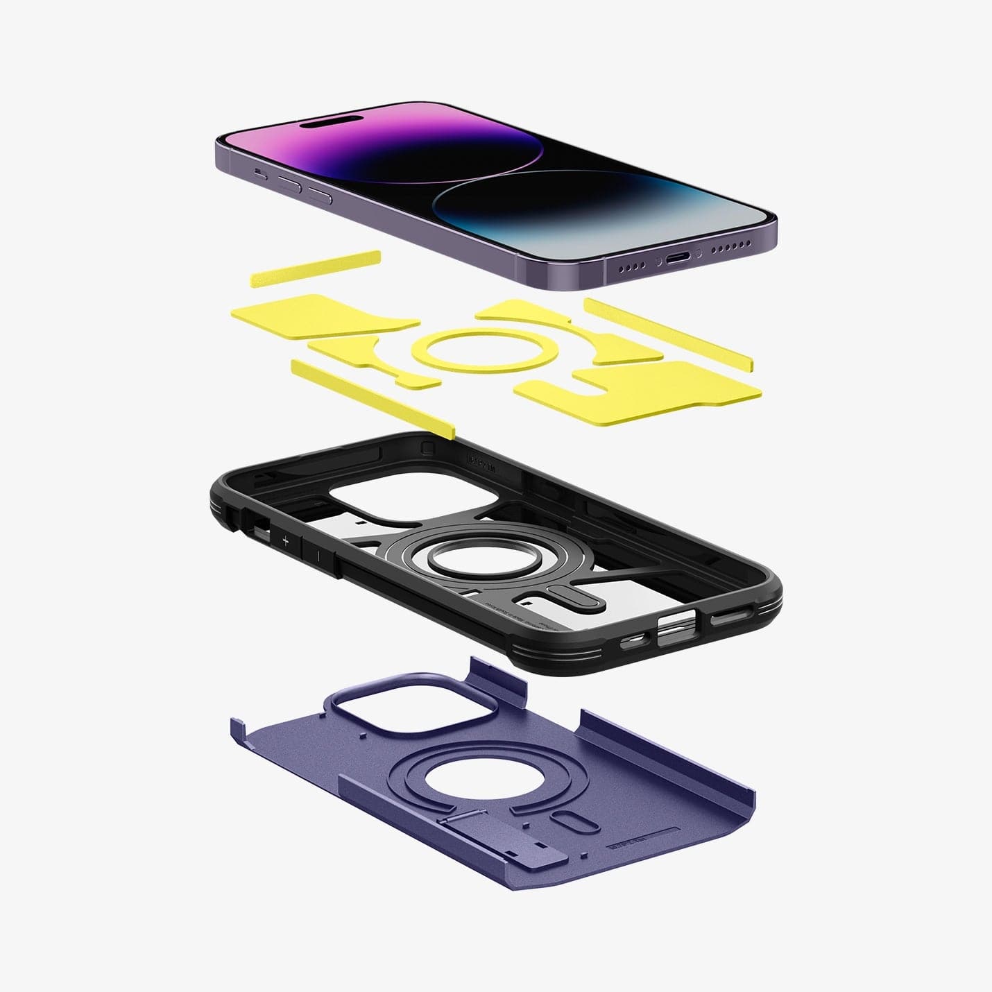 ACS05576 - iPhone 14 Pro Max Case Tough Armor (MagFit) in deep purple showing the hard pc, flexible tpu, impact foam and device