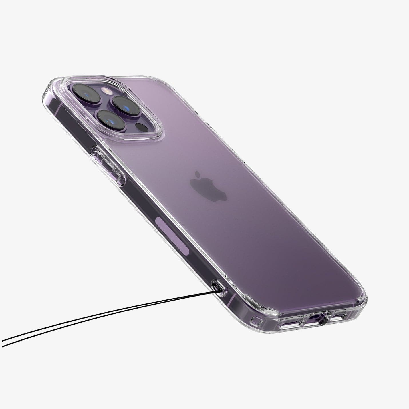 ACS04967 - iPhone 14 Pro Case Ultra Hybrid in frost clear showing the back and side with lanyard in side hole
