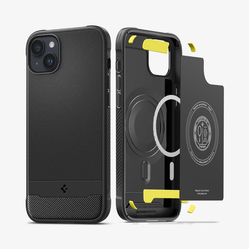 ACS05036 - iPhone 14 Case Rugged Armor (MagFit) in matte black showing the back and inside of case with mag layers