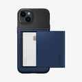 ACS05060 - iPhone 14 Case Slim Armor CS in navy blue showing the back with card slot open and card in slot