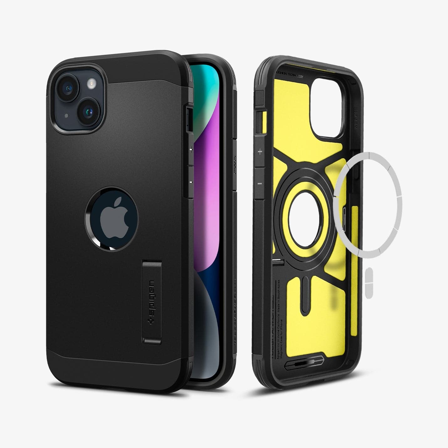 ACS05062 - iPhone 14 Case Tough Armor (MagFit) in black showing the back, front and magsafe layer of back