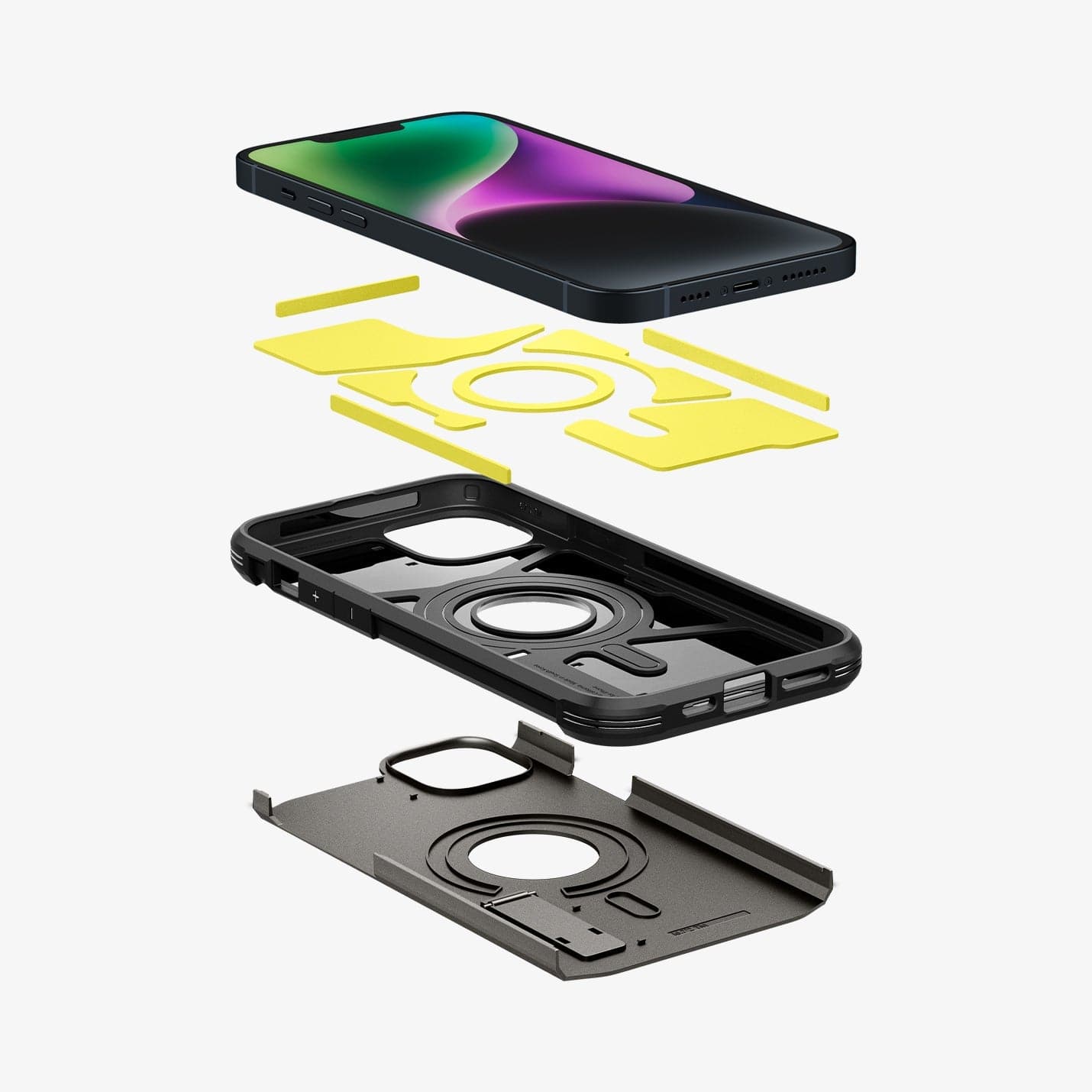 ACS05061 - iPhone 14 Case Tough Armor (MagFit) in gunmetal showing the hard pc, flexible tpu, impact foam and device