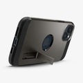 ACS05061 - iPhone 14 Case Tough Armor (MagFit) in gunmetal showing the device being propped up horizontally by built in kickstand